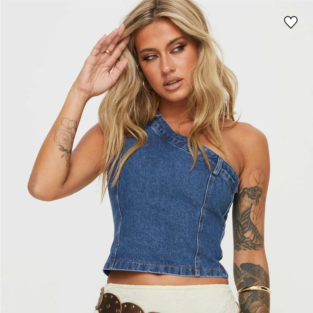 Princess Polly Blue Denim Asymmetrical Tank Top - Picture 1 of 12